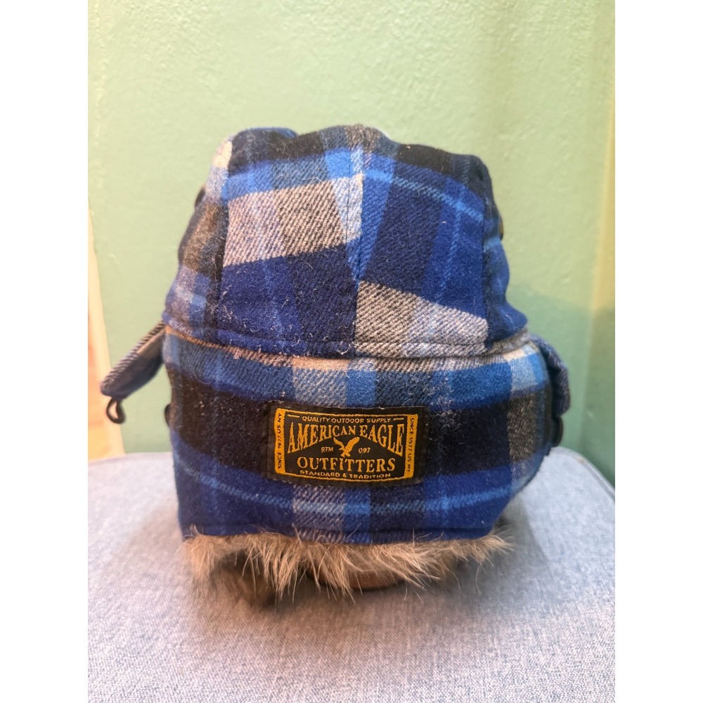 American Eagle Outfitters Trapper Hat Mens One Size Faux Fur Wool Fleece Blue